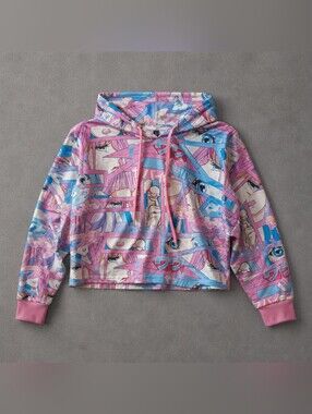 Anime Graphic Cropped Hoodie Large Pink Blue Kawaii Y2K Harajuku Streetwear